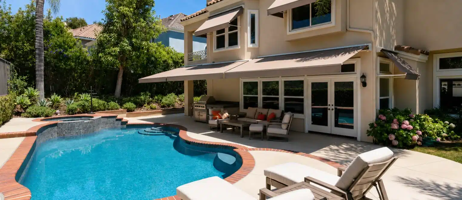 A retractable patio awning shading a Southern California patio